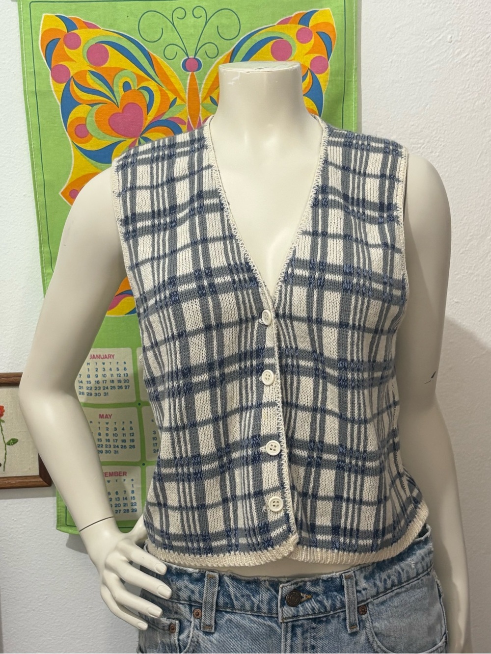 Vintage Classic Plaid Button-Front Fall Layering Knit Vest - Cream & Blue